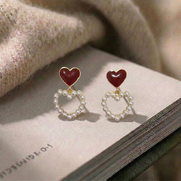 Ruby Heart Pearl Earrings