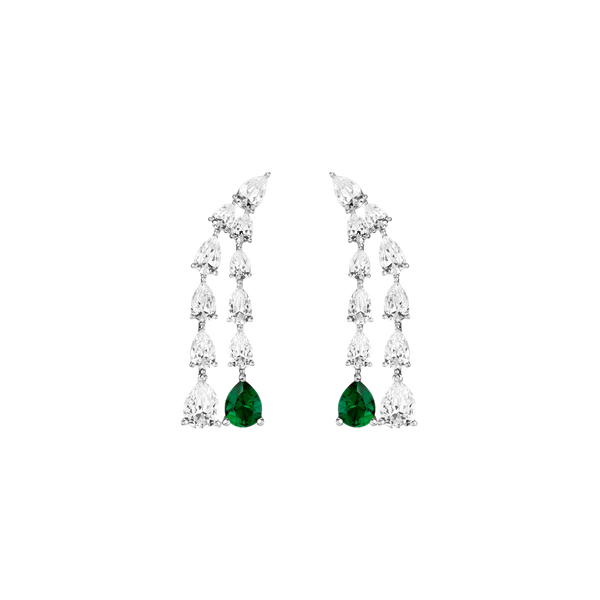 Lab Grown White Sapphire Waterfall Earrings with Emerald