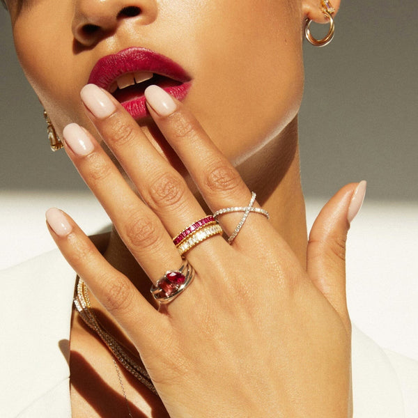Lab Grown Red Ruby Baguette Eternity Ring